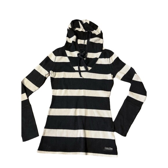Calvin Klein Tops - Calvin Klein Performance Women’s Small Striped Hoodie Black White Pullover